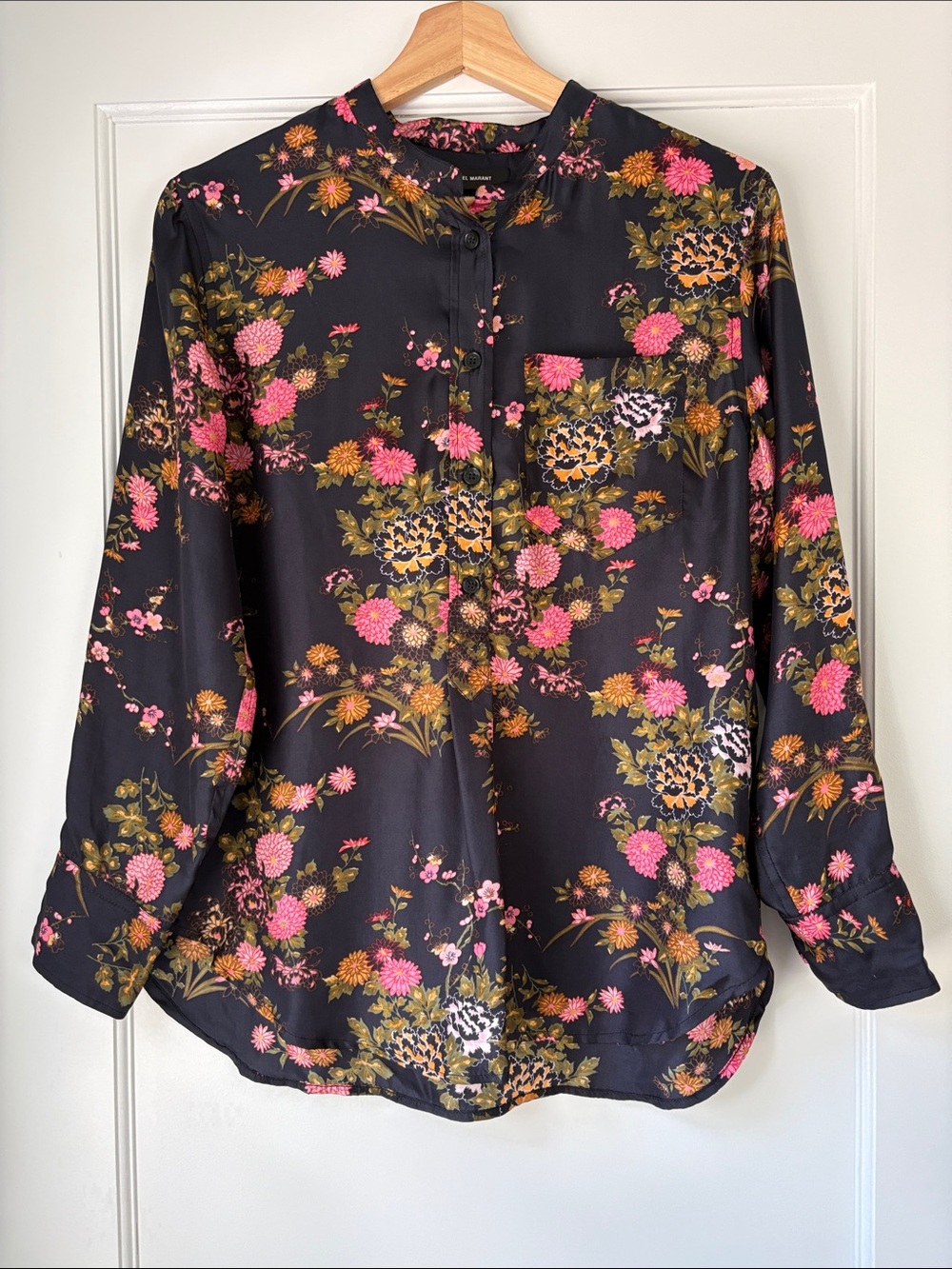 Isabel Marant Black Blouse with Pink and Gold Floral Print